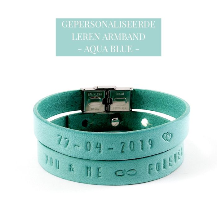 Tekst armband leer Aqua Blue Gepersonaliseerde Leren Armband