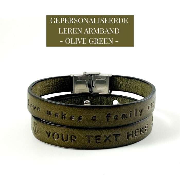 Tekst armband leer Olive Green Gepersonaliseerde Leren Armband