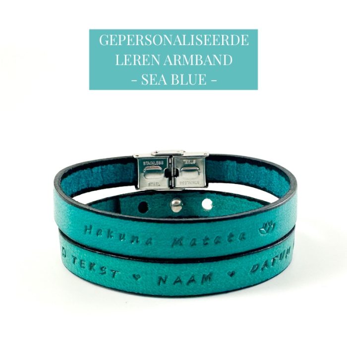 Tekst armband leer Sea Blue Gepersonaliseerde Leren Armband