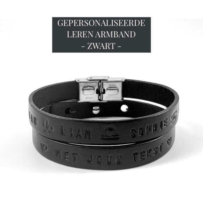 Tekst armband leer Zwart Gepersonaliseerde Leren Armband - zwarte armband voor mannen en vrouwen op maat gemaakt