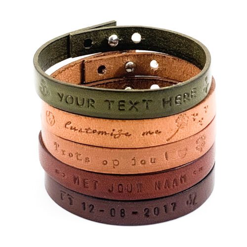 Tekst armband leer leren armbanden met eigen tekst naam datum symbool sterrenbeeld gepersonaliseerd