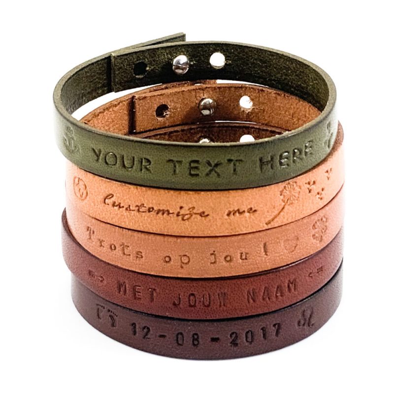 Tekst armband leer leren armbanden met eigen tekst naam datum symbool sterrenbeeld gepersonaliseerd