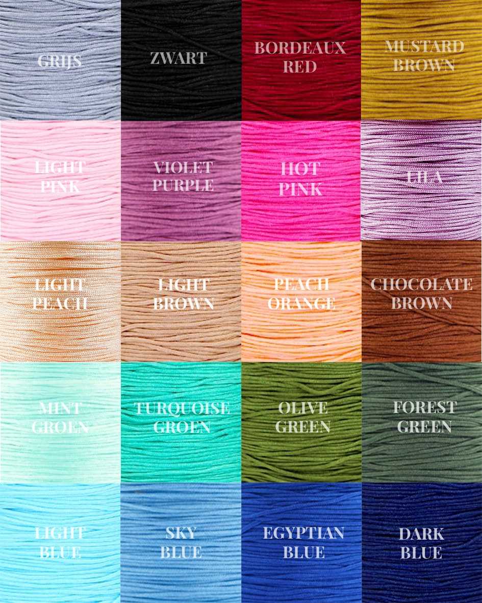Stel jouw armband zelf samen. Kies uit 20 kleuren koord voor jouw geknoopte armbandje.