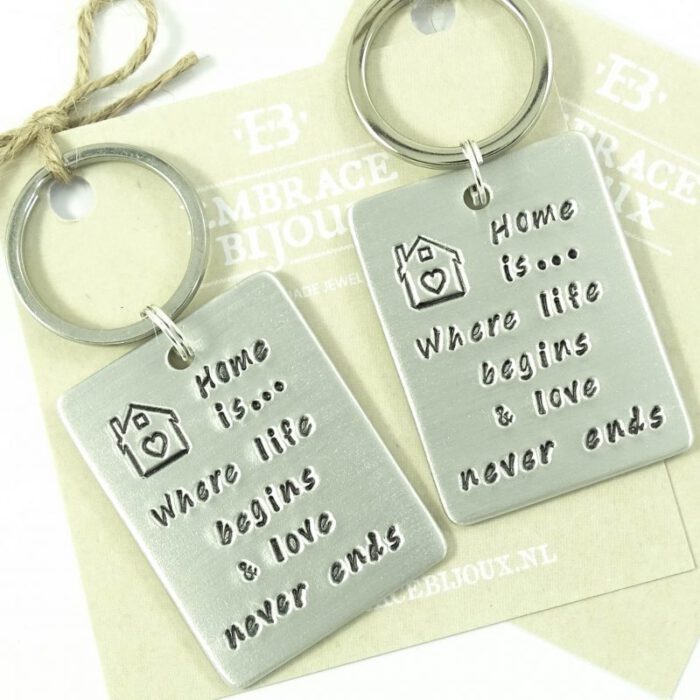 Sleutelhanger met tekst home is where life begins and love never ends