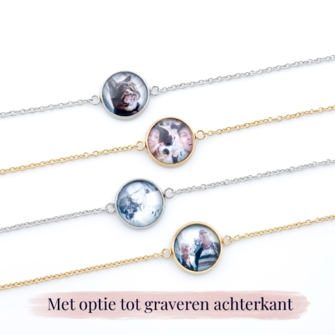 Armbandje met foto rond zilver of goud staal