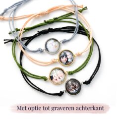 armbandje met foto rond geknoopt 20 kleuren koord - foto armband met gravure op de achterkant - gegraveerde foto armband