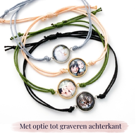 Armbandje met foto rond zilver of goud staal – 20 kleuren koord