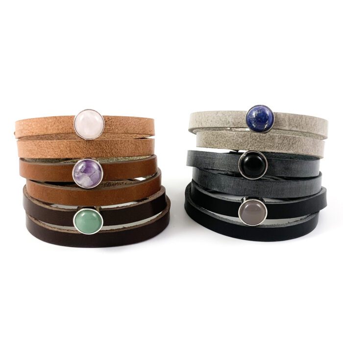 leren wikkel armband met edelsteen armbanden leer rozenkwarts groene aventurijn grijze agaat zwarte onyx amethist lapis lazuli