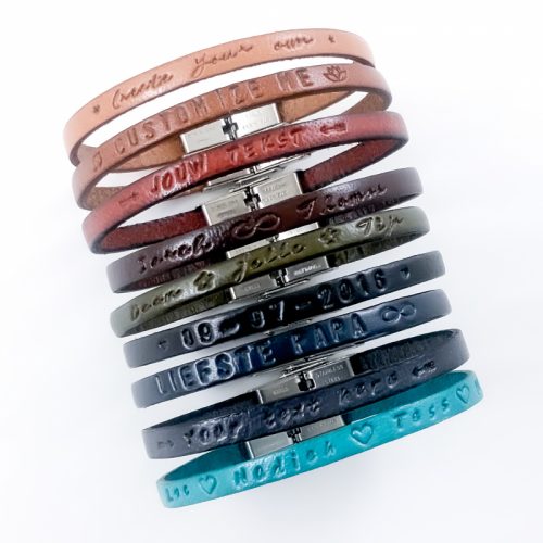 Armband leer gepersonaliseerd met tekst naam namen datum - leren armbandje verschillende kleuren