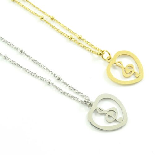 Ketting met g-sleutel hartje zilver of goud stainless steel festival kettinkje muziek