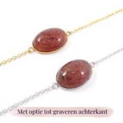 Armbandje aardbeienkwarts edelsteen ovaal - met optie graveren achterkant - edelsteen armband met gravure - zilver of goud staal