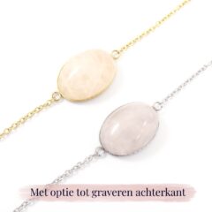 Armbandje rozenkwarts edelsteen ovaal - met optie graveren achterkant - edelsteen armband met gravure - zilver of goud staal