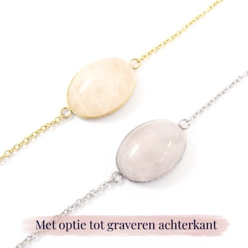 Armbandje rozenkwarts edelsteen ovaal - met optie graveren achterkant - edelsteen armband met gravure - zilver of goud staal