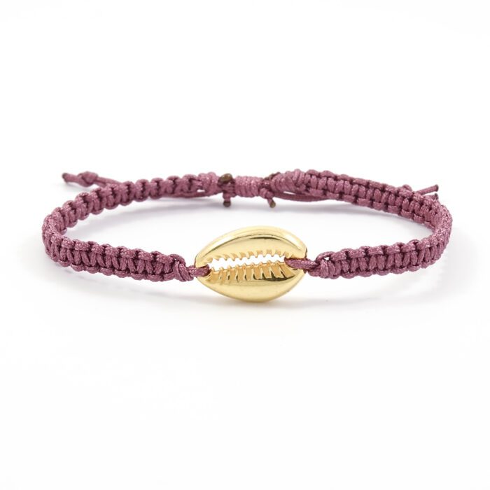 Geknoopt armbandje schelp goud & donker roze