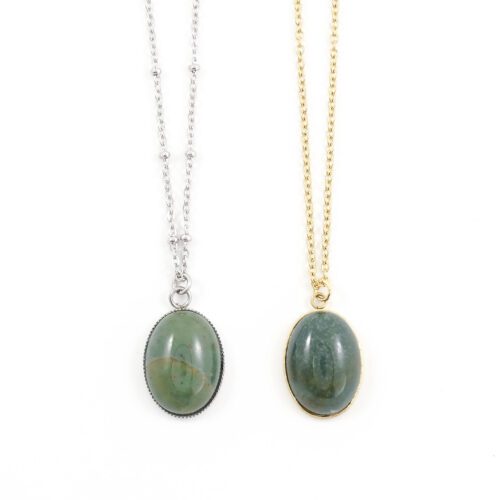 Ketting agaat donkergroen edelsteen ovaal - zilver of goud staal