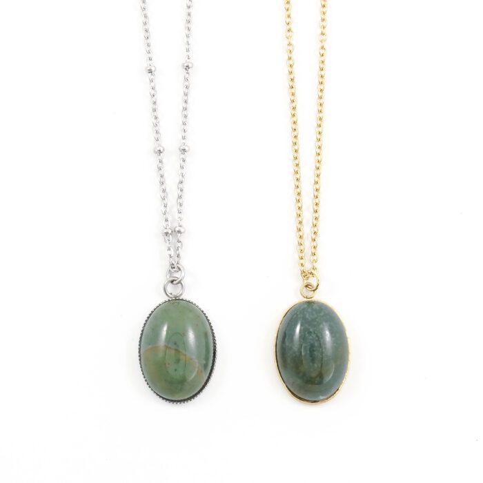 Ketting agaat donkergroen edelsteen ovaal - zilver of goud staal