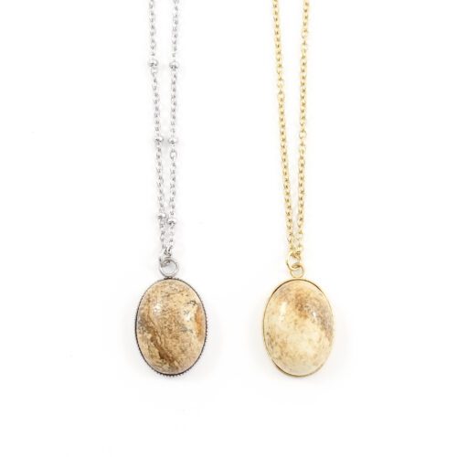 Ketting beige jaspis edelsteen ovaal - zilver of goud staal