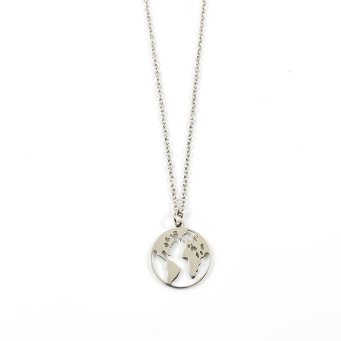 Ketting met wereldkaart zilver stainless steel - wereld kettinkje wereldbol