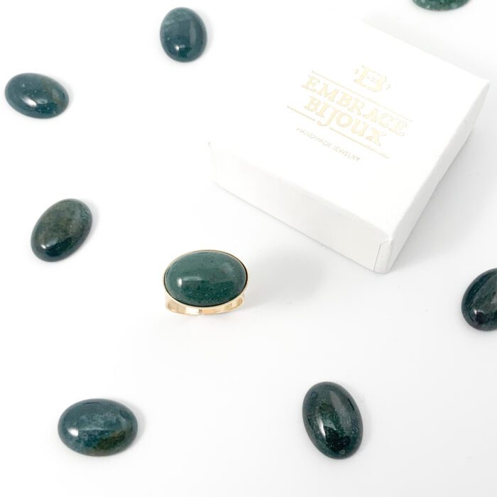 Ring agaat donkergroen edelsteen ovaal goud stainless steel