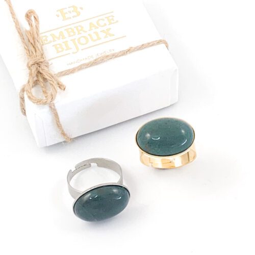 Ring agaat donkergroen edelsteen - ovaal horizontaal - zilver of goud stainless steel