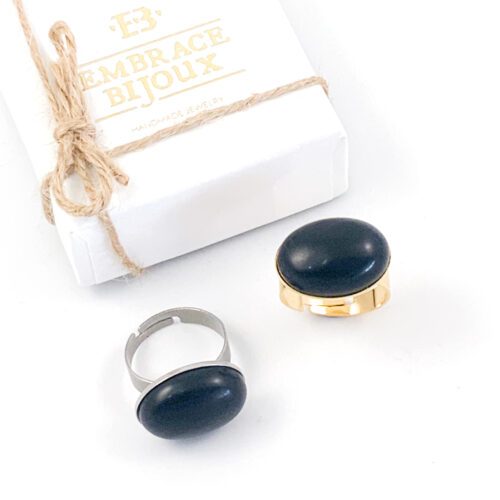 Ring zwarte obsidiaan edelsteen - ovaal horizontaal - zilver of goud stainless steel