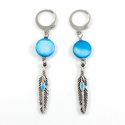 Oorbellen veertje turquoise & zilver - Stainless steel boho oorringen veer