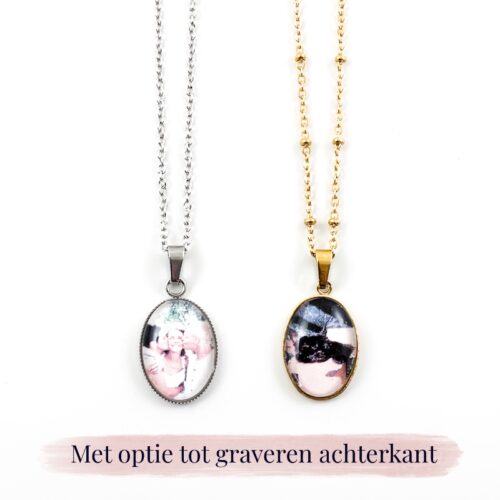 Ketting met foto ovaal - met gravure achterkant mogelijk - zilver of goud stainless steel foto kettinkje gegraveerd met tekst naam datum aan de achterkant van de hanger