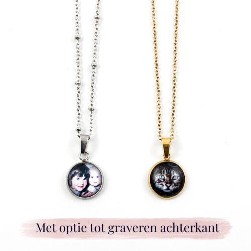 Ketting met foto rond zilver of goud - gravure achterkant met tekst naam datum - foto kettinkje - herinnering sieraad - gegraveerd