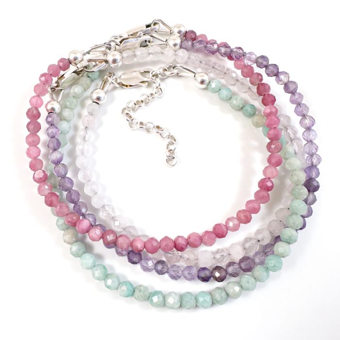 Armbandjes met edelsteen kralen 925 zilver - amethist, roze toermalijn, rozenkwarts, amazoniet - edelsteen armband combineren tot wikkel armband