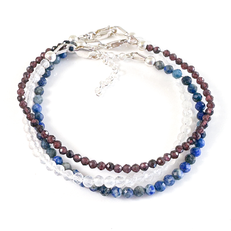 Armbandjes met edelsteen kralen 925 zilver - combineer tot wikkel armband - lapis lazuli, maansteen, granaat - rood wit blauw - edelsteen armband combineren