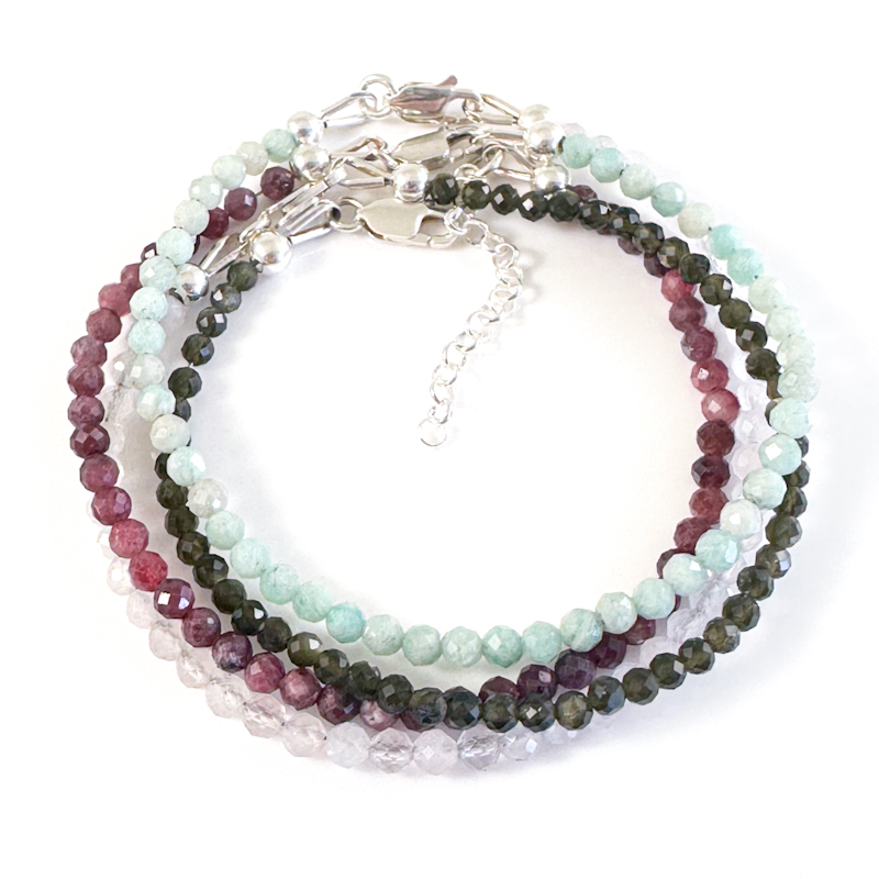 Armbandjes met edelsteen kralen 925 zilver - combineer tot wikkel armband - rode toermalijn, amazoniet, goud obsidiaan, rozenkwarts - edelsteen armband combineren
