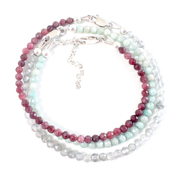 Armbandjes met edelsteen kralen 925 zilver - rode toermalijn, amazoniet, labradoriet - edelsteen armband combineren tot wikkel armband
