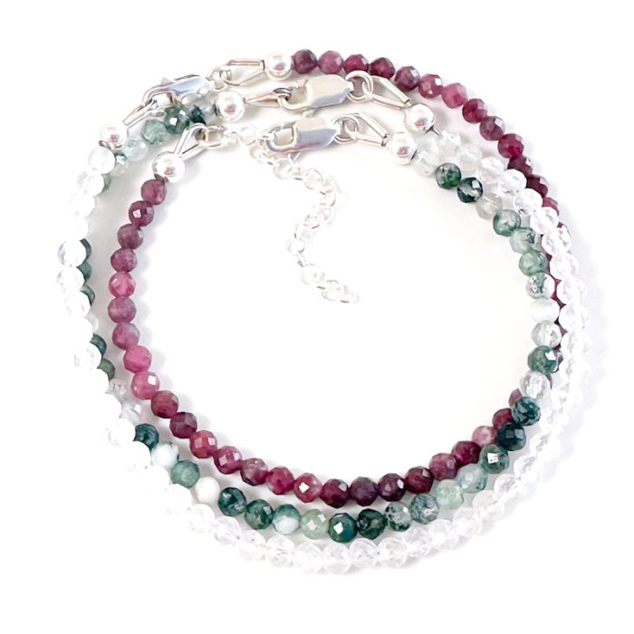 Armbandjes met edelsteen kralen 925 zilver - rode toermalijn, mos agaat, maansteen - edelsteen armband combineren tot wikkel armband
