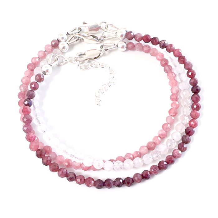Armbandjes met edelsteen kralen 925 zilver - roze toermalijn, rode toermalijn, rozenkwarts - edelsteen armband combineren tot wikkel armband