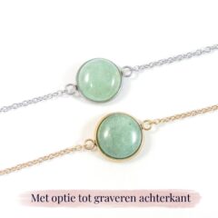 Armbandje groene aventurijn edelsteen rond – zilver of goud stainless steel - met gravure achterkant bedel - gegraveerde armband