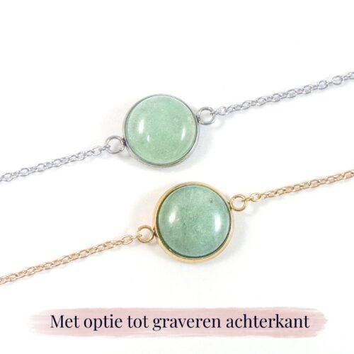 Armbandje groene aventurijn edelsteen rond – zilver of goud stainless steel - met gravure achterkant bedel - gegraveerde armband