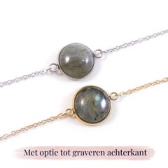 Armbandje labradoriet edelsteen rond – zilver of goud stainless steel - met gravure achterkant bedel - gegraveerde armband