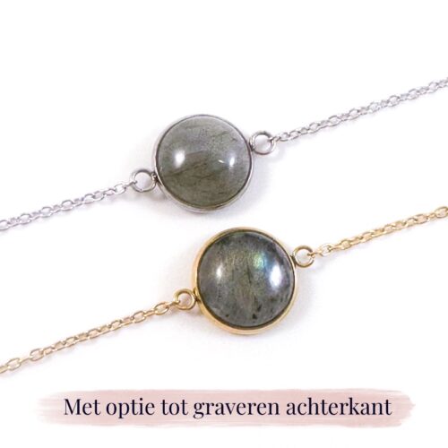 Armbandje labradoriet edelsteen rond – zilver of goud stainless steel - met gravure achterkant bedel - gegraveerde armband
