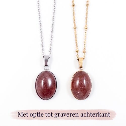 Ketting aardbeikwarts edelsteen ovaal - zilver of goud stainless steel - met gravure achterkant hanger - gegraveerd kettinkje