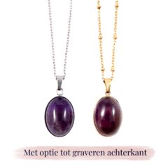 Ketting amethist edelsteen ovaal - zilver of goud stainless steel - met gravure achterkant hanger - gegraveerd kettinkje