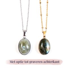 Ketting labradoriet edelsteen ovaal - zilver of goud stainless steel - met gravure achterkant hanger - gegraveerd kettinkje