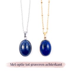 Ketting lapis lazuli edelsteen ovaal - zilver of goud stainless steel - met gravure achterkant hanger - gegraveerd kettinkje