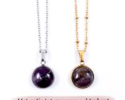 Ketting met amethist edelsteen hanger rond zilver of goud stainless steel - met gravure achterkant hanger - gegraveerd kettinkje