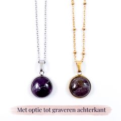 Ketting met amethist edelsteen hanger rond zilver of goud stainless steel - met gravure achterkant hanger - gegraveerd kettinkje