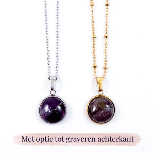 Ketting met amethist edelsteen hanger rond zilver of goud stainless steel - met gravure achterkant hanger - gegraveerd kettinkje