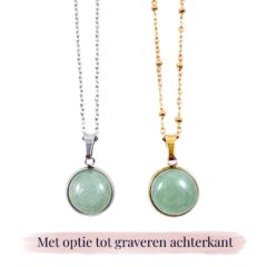 Ketting met groene aventurijn edelsteen hanger rond zilver of goud stainless steel - met gravure achterkant hanger - gegraveerd kettinkje