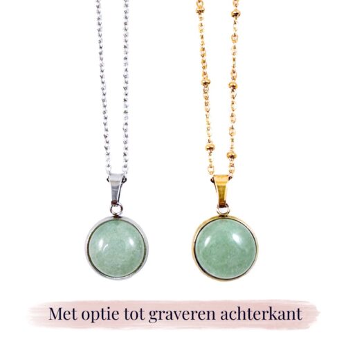 Ketting met groene aventurijn edelsteen hanger rond zilver of goud stainless steel - met gravure achterkant hanger - gegraveerd kettinkje
