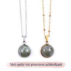 Ketting met labradoriet edelsteen hanger rond zilver of goud stainless steel - met gravure achterkant hanger - gegraveerd kettinkje