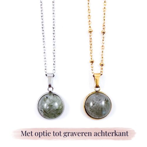 Ketting met labradoriet edelsteen hanger rond zilver of goud stainless steel - met gravure achterkant hanger - gegraveerd kettinkje