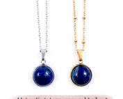 Ketting met lapis lazuli edelsteen hanger rond zilver of goud stainless steel - met gravure achterkant hanger - gegraveerd kettinkje